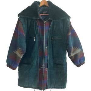 Vintage PELLE 80s Leather Suede Convertible Winter Coat M Vest Wool Aztec Sleeve